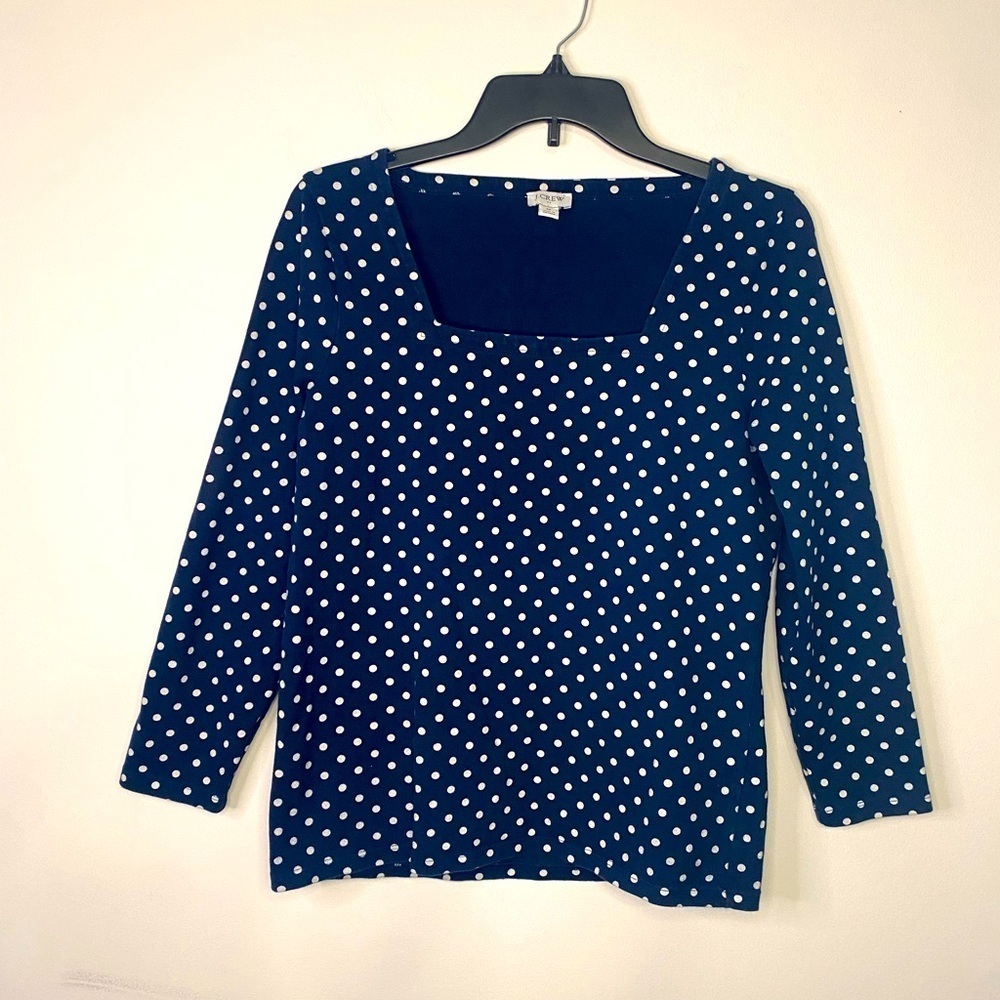 J Crew Square Neck Blue White Polka Dot Shirt Top Size Medium Preppy